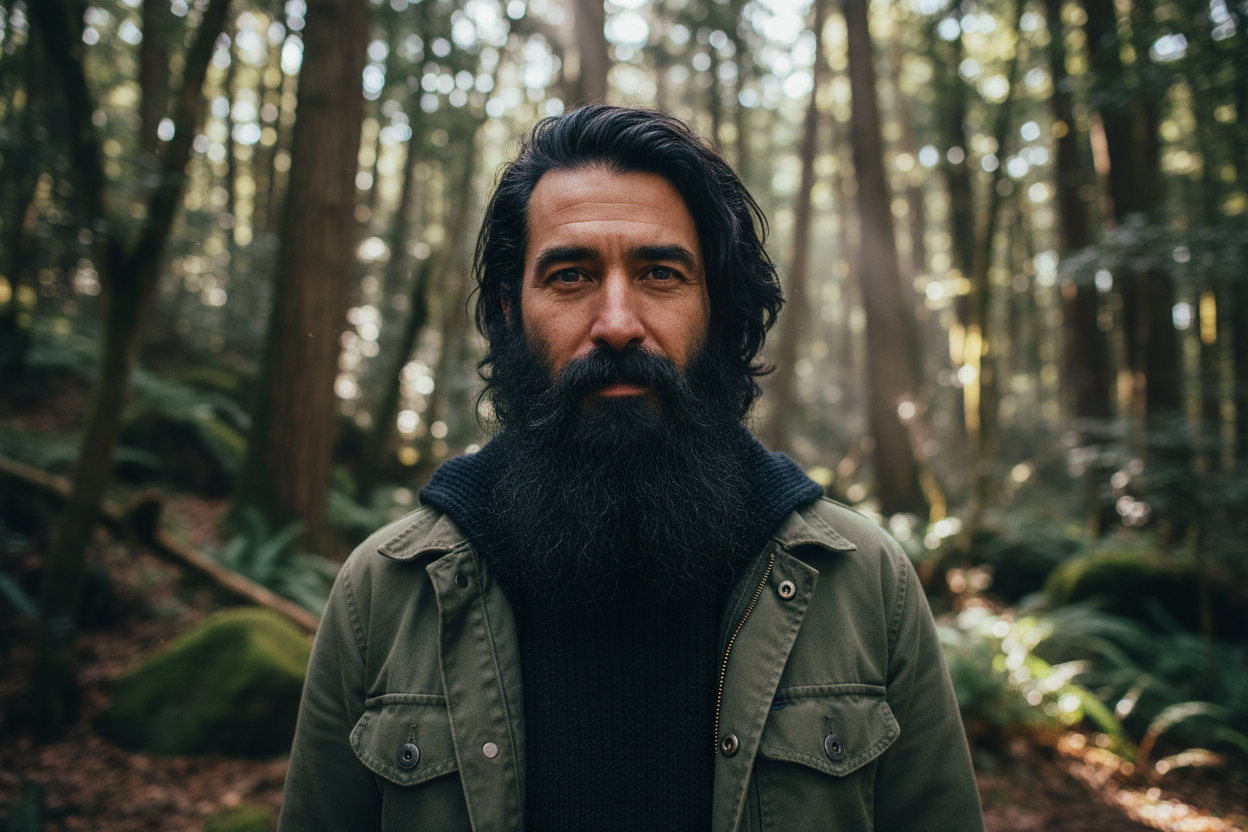 crie uma imagem de um homem real, barba e cabelos preto, fundo floresta, imagem full hd, 4k, ultra realista, boa qualidade, boa iluminação, boa nitides. Pessoa real