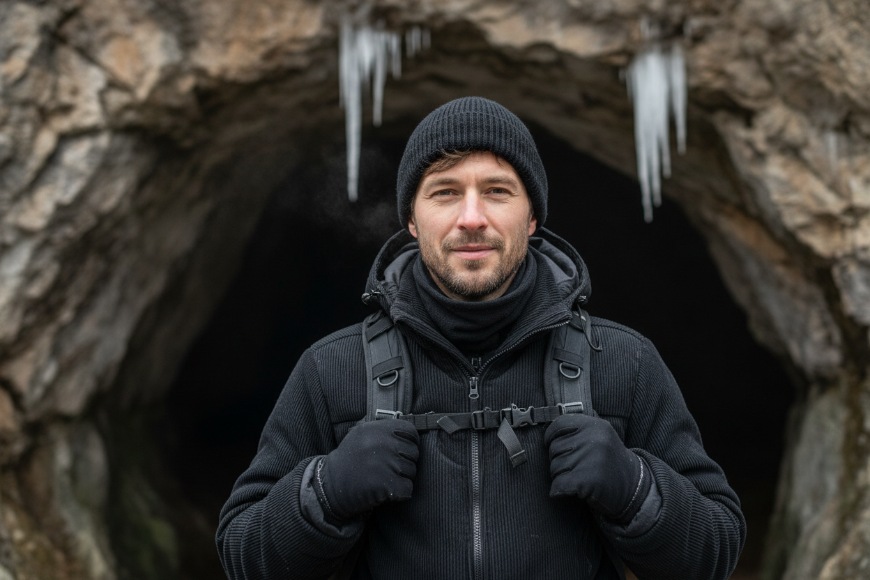 imagem minimalista, um homem de cabelos castanhos, roupas de inverno, com touca e roupa preta, imagem realista, full hd, 4k, ele está com mochila na entrada da caverna, pessoa real, ambiente real, boa qualidade, boa nitidez, imagem perto do rosto