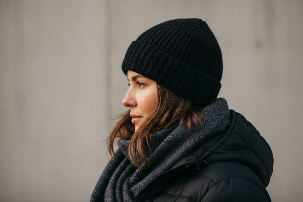 imagem minimalista, uma mulher de cabelos castanhos, roupas de inverno, com touca e roupa preta, imagem realista, full hd, 4k, ela está de lado, pessoa real, ambiente real, boa qualidade, boa nitidez, imagem perto do rosto